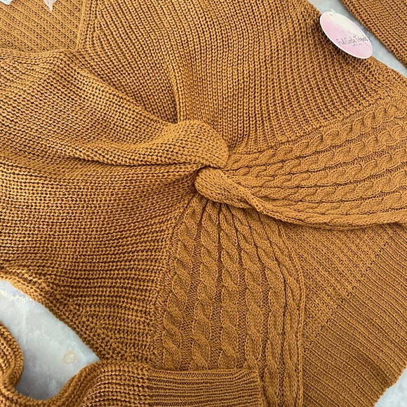 NWT cinnamon brown caramel gingerbread highlow knot front v neck cropped sweater - Picture 10 of 10